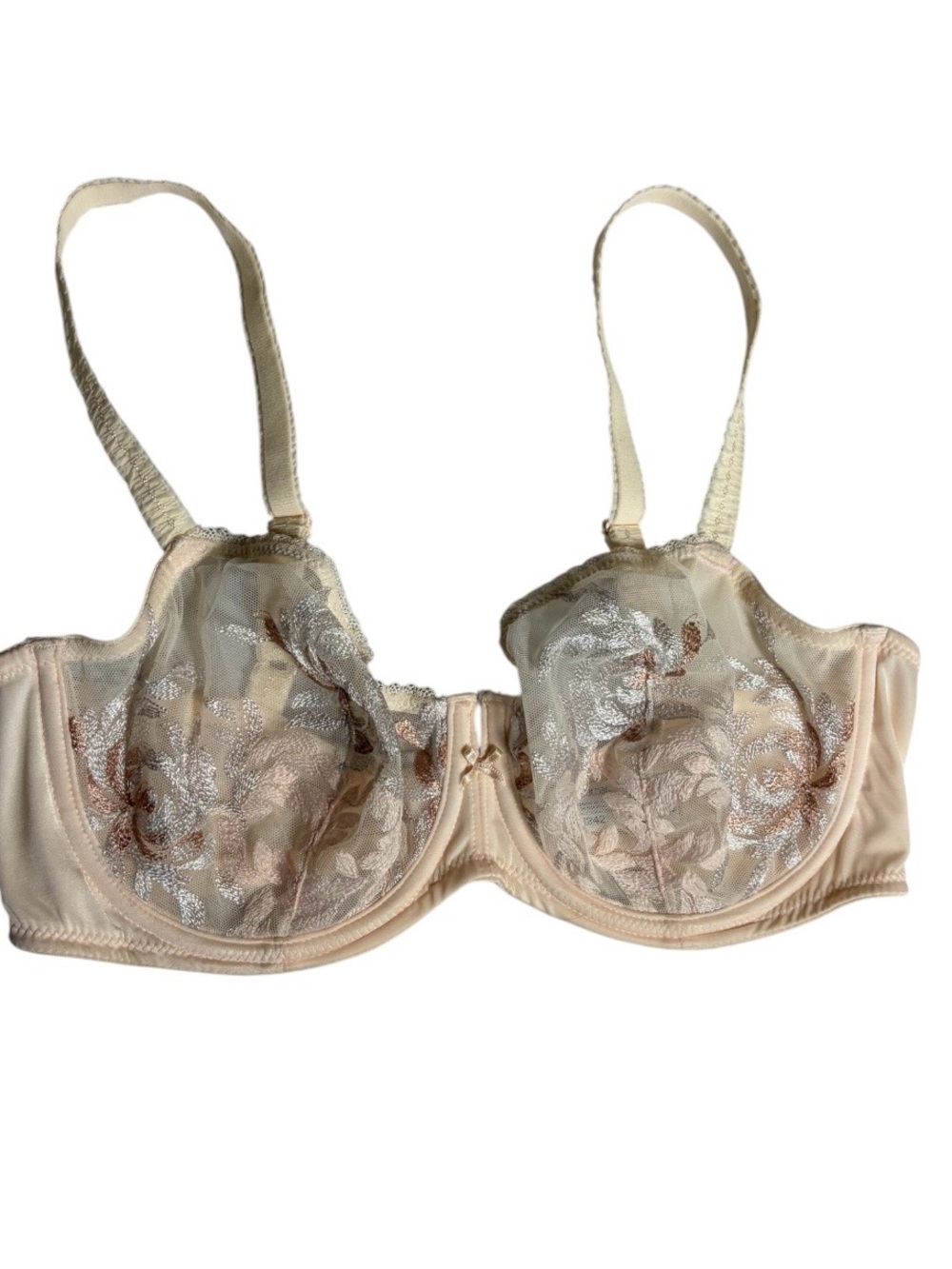 Nude lace sheer embroidered underwire mesh nylon bra size 36D